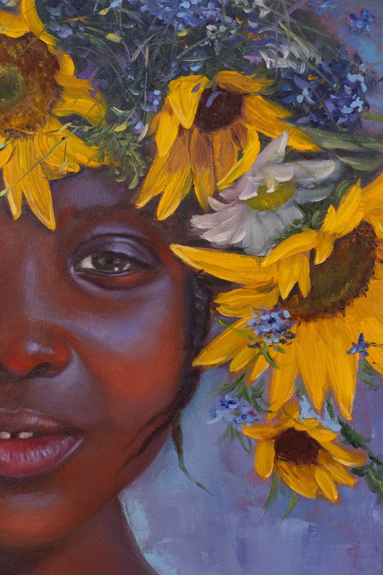 African american girl with flowers portrait