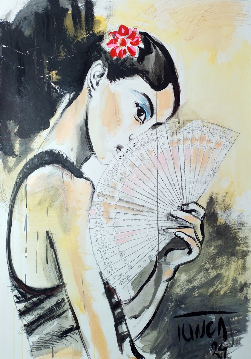 Illustrative Portrait Acrylic Painting By Catalin Ilinca, 30 X 41, Moon Phase (L