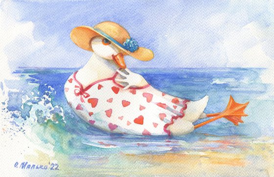 In a Port City (Set) / ORIGINAL watercolor Sea illustration Funny goose, duck, chicken Bright pictures