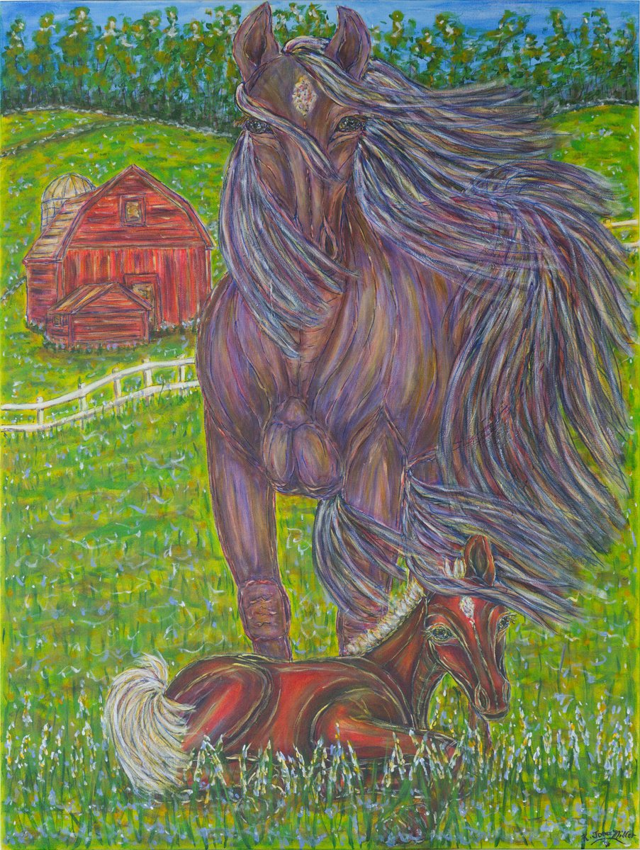 Impressionistic Animal Acrylic Painting By Kim Jones Miller, 30 X 40", Seeking Shelter, Original Artwork