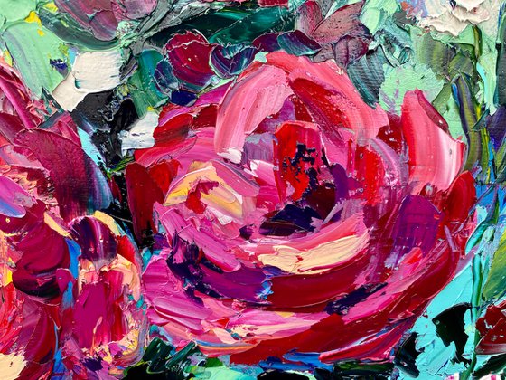 Roses - The burst of pink, 35*45cm, impressionistic flowers oil painting in pink and turquoise