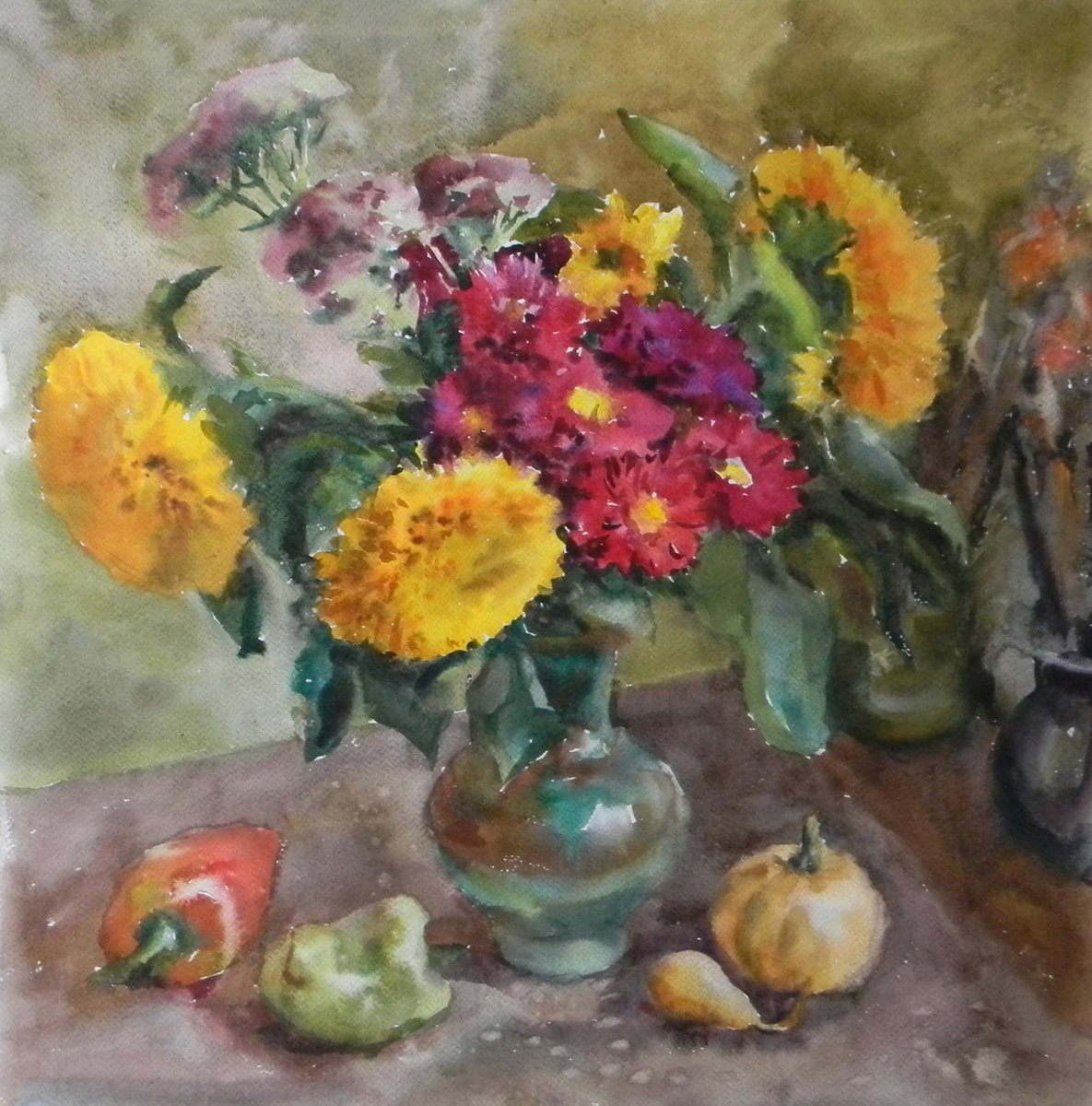 Asters and Sunflowers by Liudmyla Chemodanova