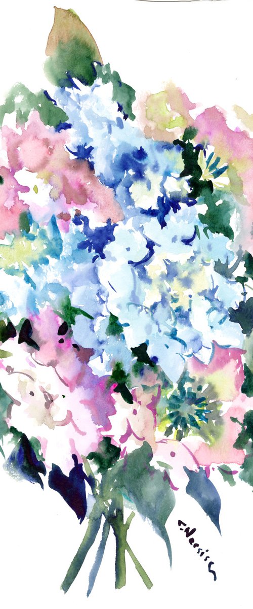 Blue  and Pink Hydrangea Flowers by Suren Nersisyan