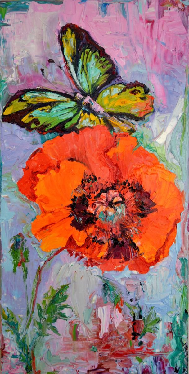 Opium Addiction, Butterfly on Poppy, FREE SHIPPING, Ready to Hang Oil Painting