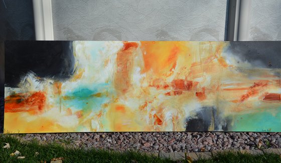 Ocean blue  (24" x 72" - 60 cm x 182 cm) Gold and aqua Abstract Painting ready to hang -