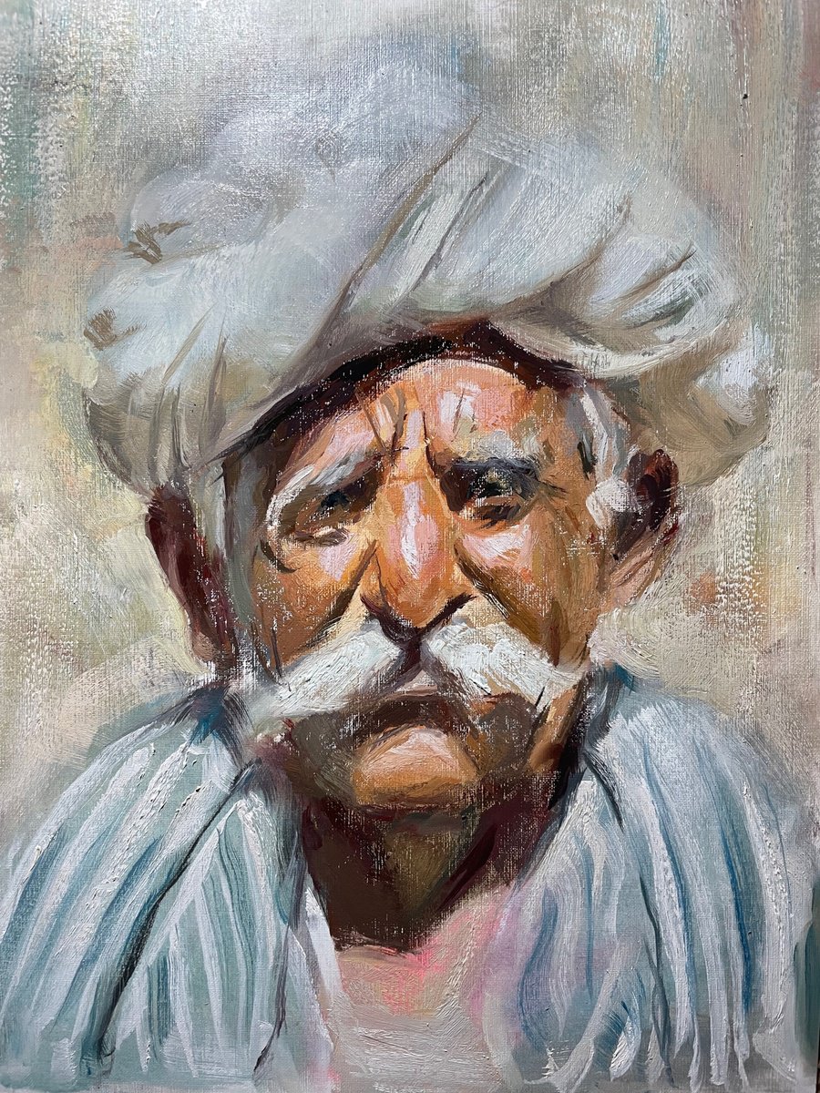 Impressionistic Portrait Oil Painting By Andres Portillo, 12 X 16, Hindu Old Man Portrait Study, Original Artwork