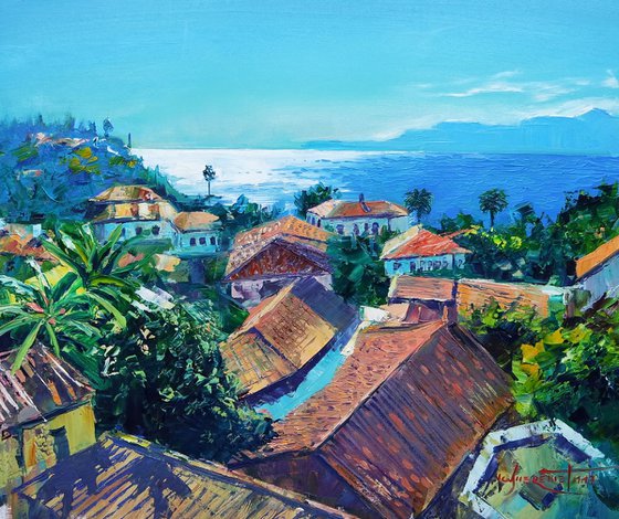Mediterranean Cityscape of Antalya Turkey, Sea and Sky over Tropical City, Sea and Mountains Oil Painting, Ready to Hang