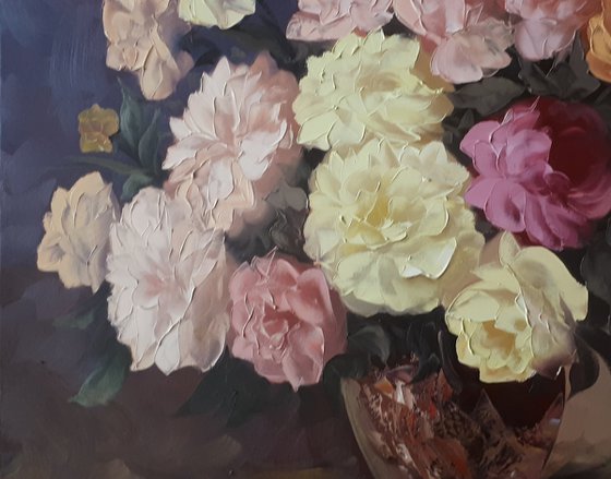 Peonies and Roses (100x80cm, oil painting, palette knife)