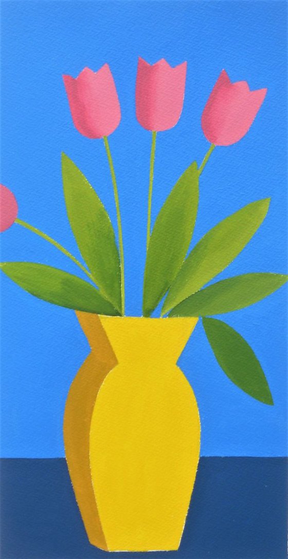 Pink Tulips in a Yellow Vase