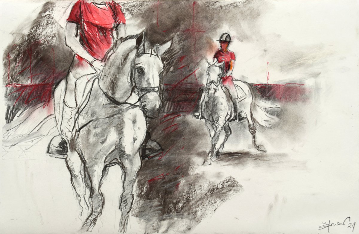 Expressive Animal Charcoal Drawing By Goran Zigolic Watercolors, 30 X 19, White Horses In Training, Original Artwork