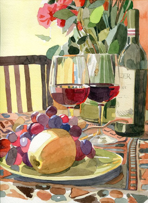 Still-life with wine and fruits