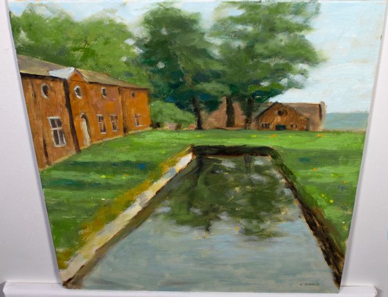 Dunham Massey Old English Farm buildings impressionist oil painting