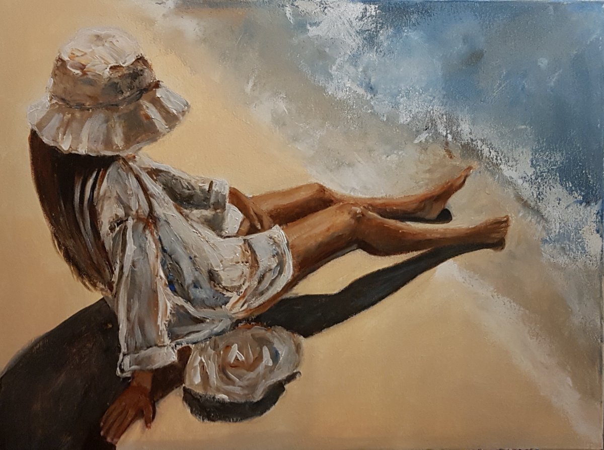 Sitting At The Beach By Els Driesen, 31 X 24, Artwork For Sale On Artfinder