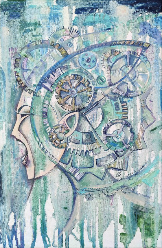 Scream through time, steampunk, pale blue painting with a woman's face andclockwork, embroidery