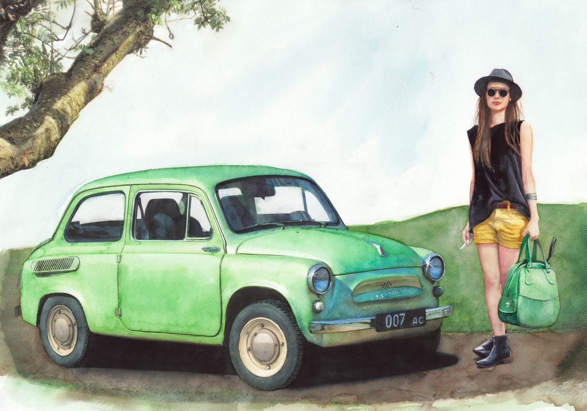 Retro Green Car, Girl with Sunglasses and Green Bag by REME Jr.