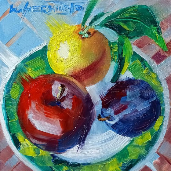 Apple, Plum and Orange - Healthy Fruits Still Life