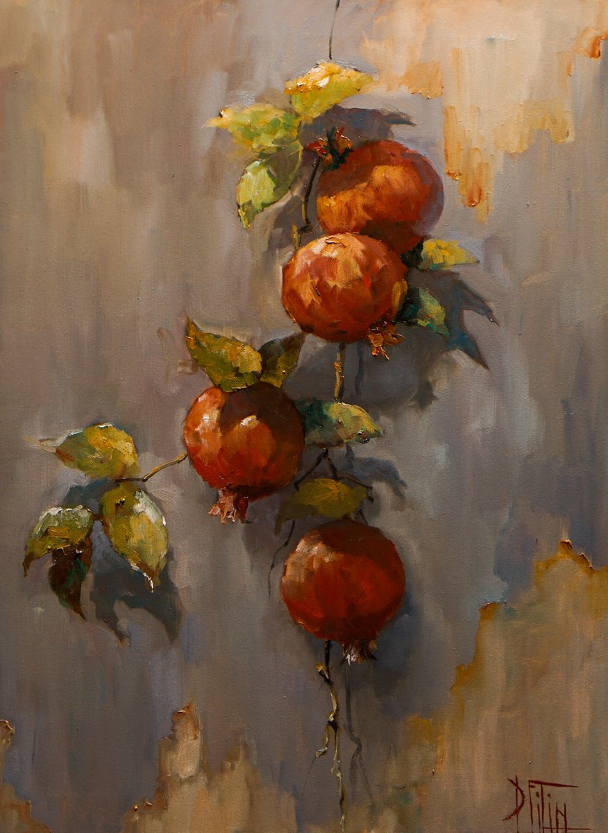 Impressionistic Still Life Oil Painting By Pavel Filin, 22 X 30", Pomegranate Fruit, Original Artwork