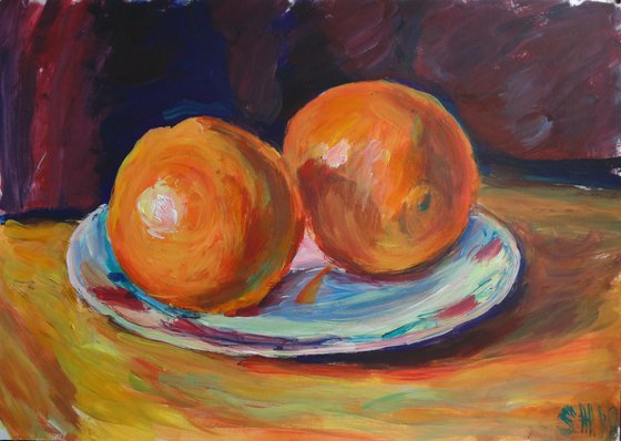 Two oranges. Acrylic on paper. 43x30 cm