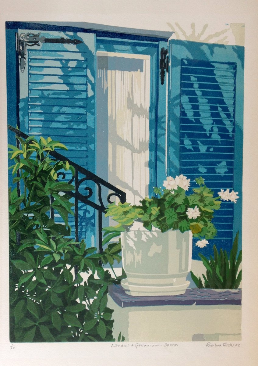 Window and Geraniums Spetses by Rosalind Forster