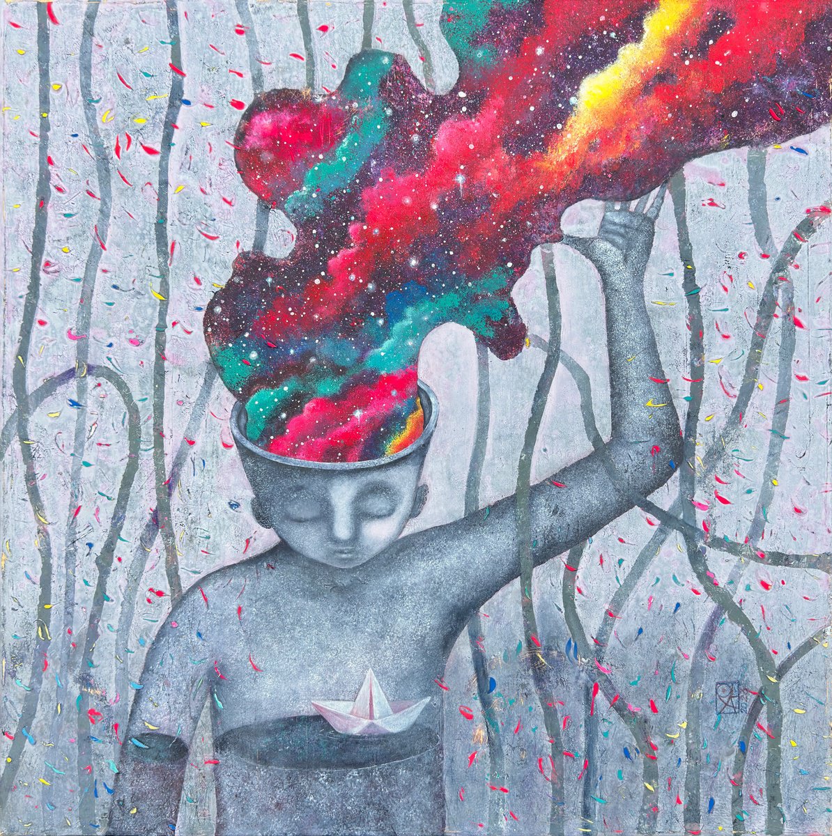 Surrealistic Portrait Acrylic Painting By Olya Anima, 20 X 20", Vessel, Original Artwork