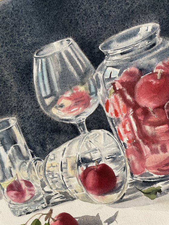Apples in glass, watercolour