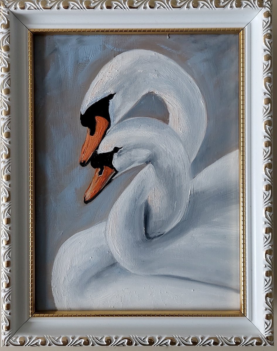 Impressionistic Animal Oil Painting By Ira Whittaker, 8 X 9, Swan Symphony, Original Artwork