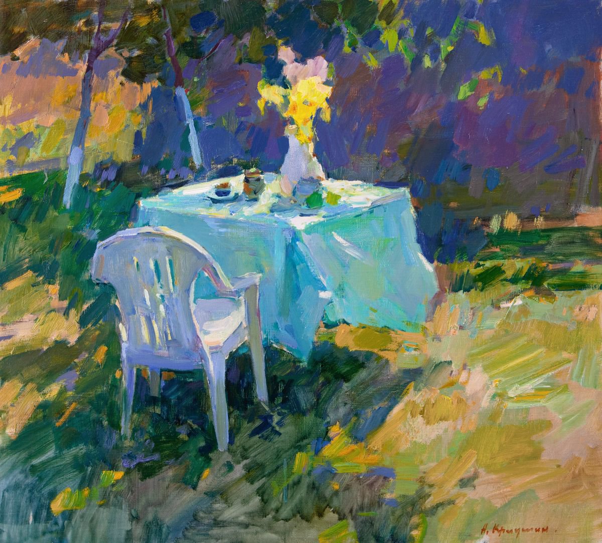 Impressionistic Landscape Oil Painting By Aleksandr Kryushyn, 28 X 26, Morning In The Garden, Original Artwork