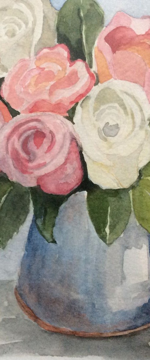 Roses in blue jug by Linda Bartlett