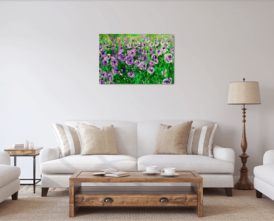 FIELD OF PURPLE PINK WHITE  ROSES  palette knife modern decor MEADOW OF FlOWERS, LANDSCAPE,  office home decor gift