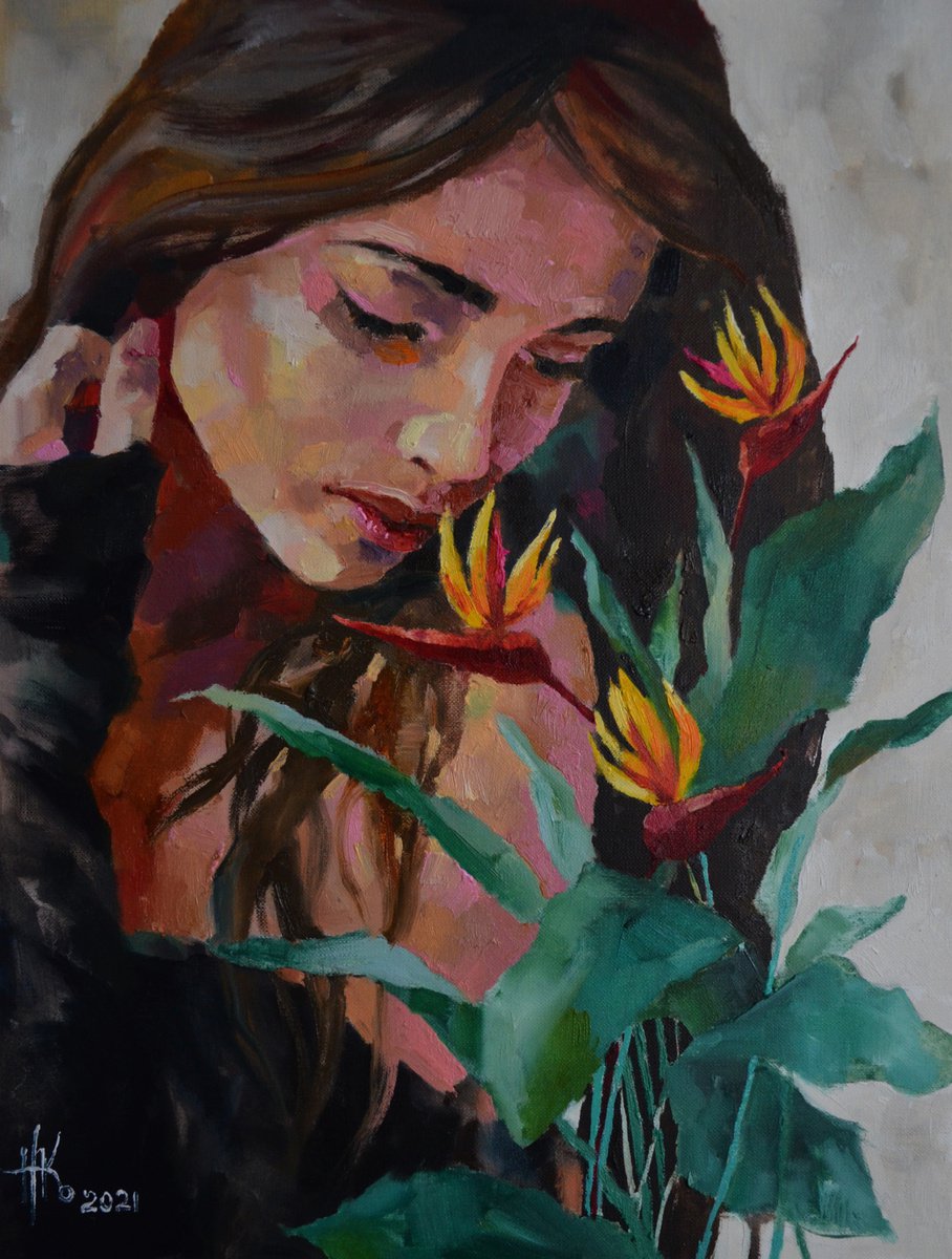 Expressive Portrait Oil Painting By Zhanna Kondratenko, 13 X 17", Strelitzia, Original Artwork