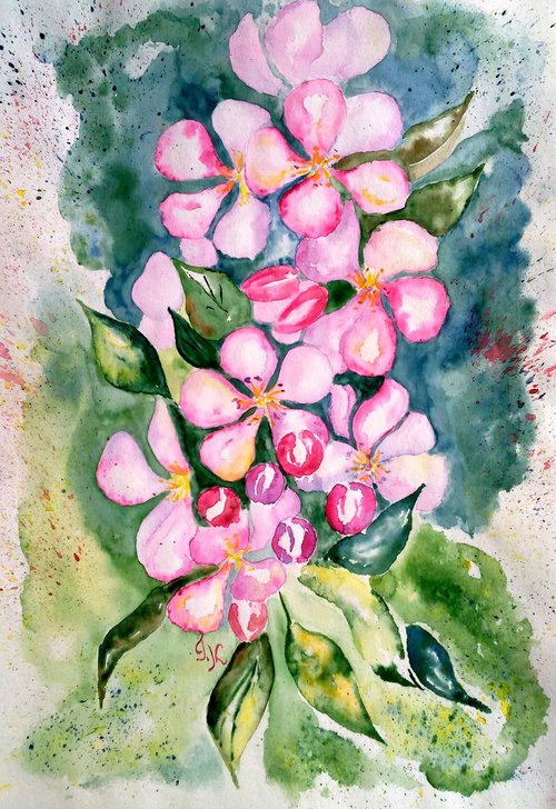 Apple Blossom Painting Floral Original Art Flowering Branch Watercolor Flowers Artwork Small Wall Art 12 by 17" by Halyna Kirichenko by Halyna Kirichenko