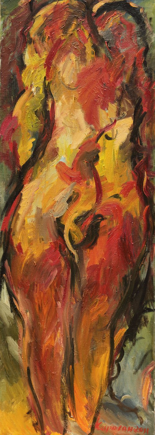 TWO - original abstract oil painting, large, nude art, expressionism, love lovers, Valentine gift - 150x53 by Karakhan