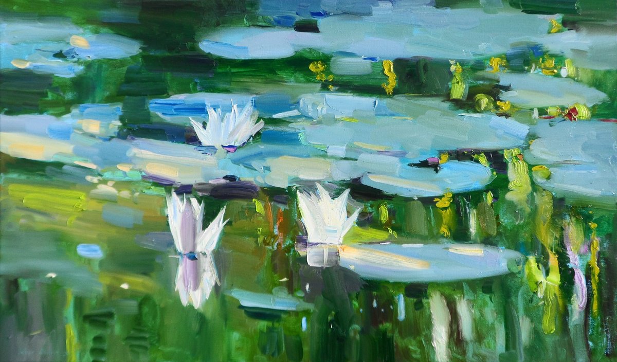Impressionistic Landscape Oil Painting By Yehor Dulin, 39 X 24", "Water Lilies ", Original Artwork