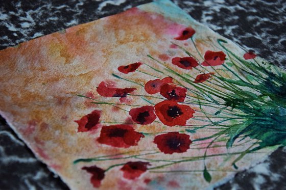 Floral watercolor painting on craft paper Red poppies with golden sky