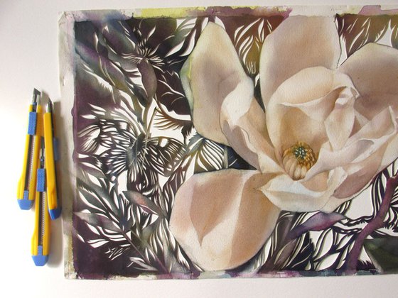 Magnolia with butterflies watercolor with paper cut