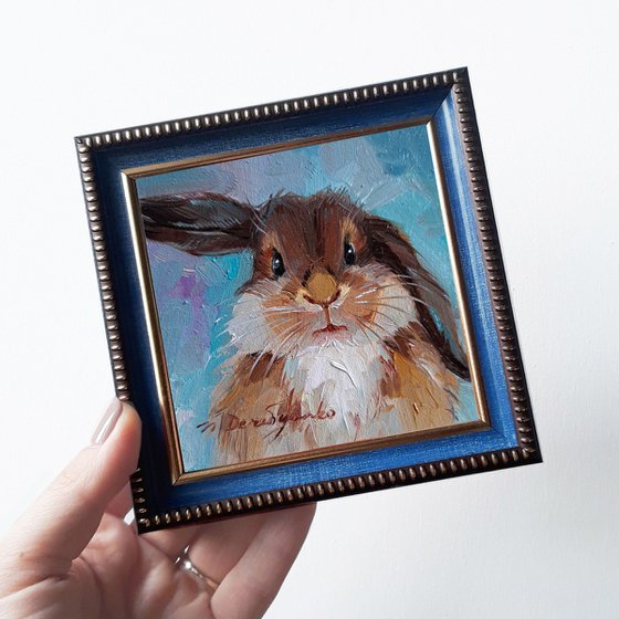 Brown rabbit painting original oil picture framed 4x4, Small framed art blue bunny painting frame