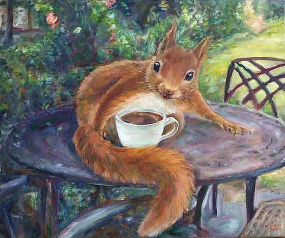 Red Squirrel With A Cup of Coffee