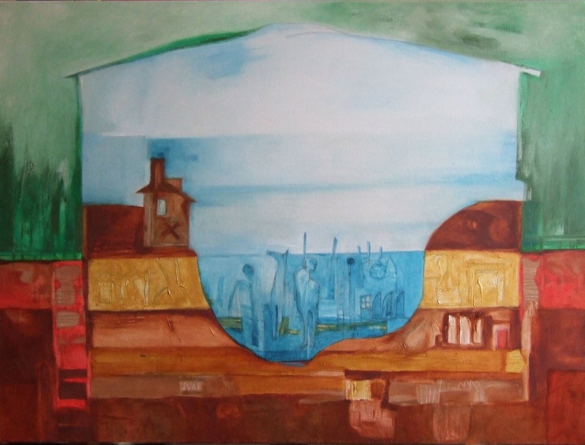 Abstract Painting By Csaba Csendes, 31 X 24, Az Elarasztott Falu, Original Artwork