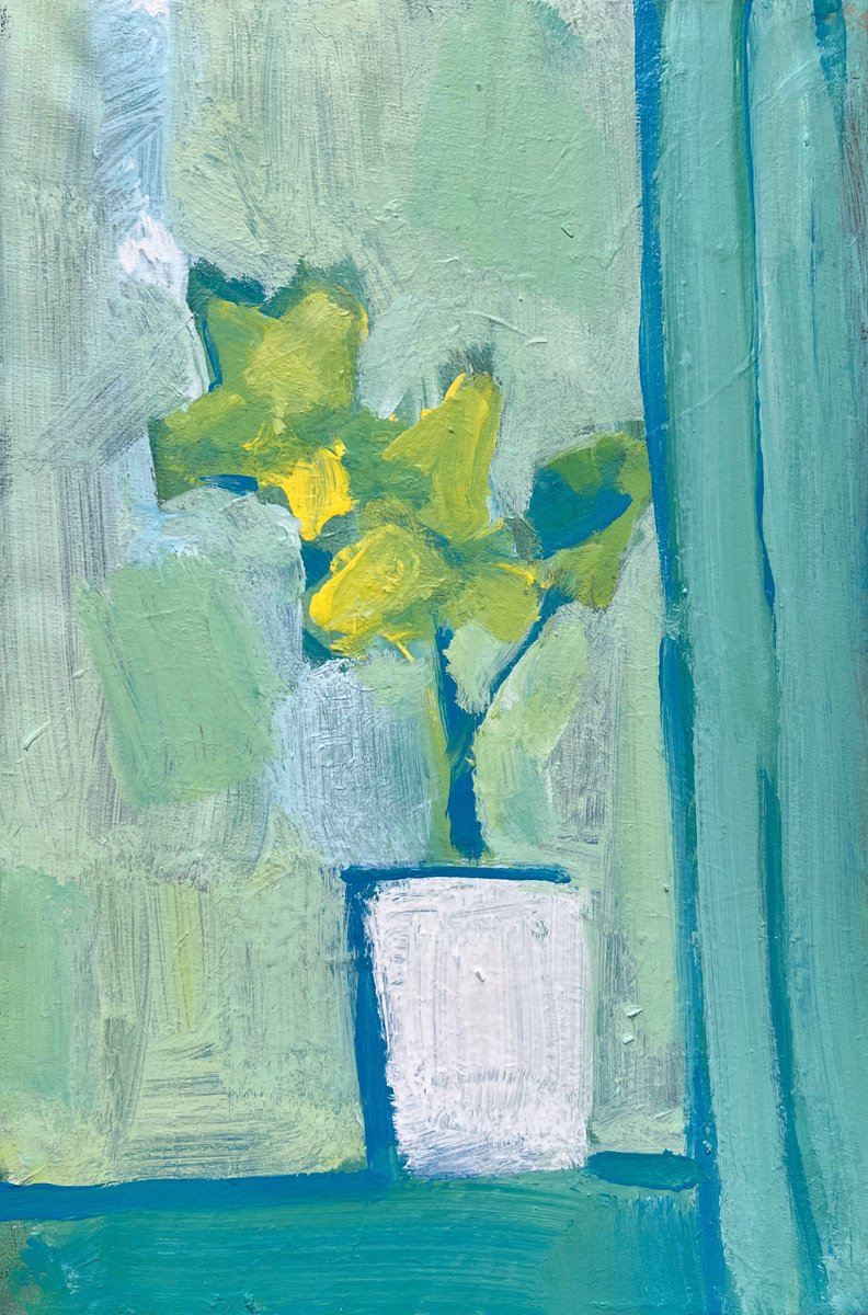 Impressionistic Still Life Acrylic Painting By Zakhar Shevchuk, 16 X 24", White Flower Pot, Original Artwork