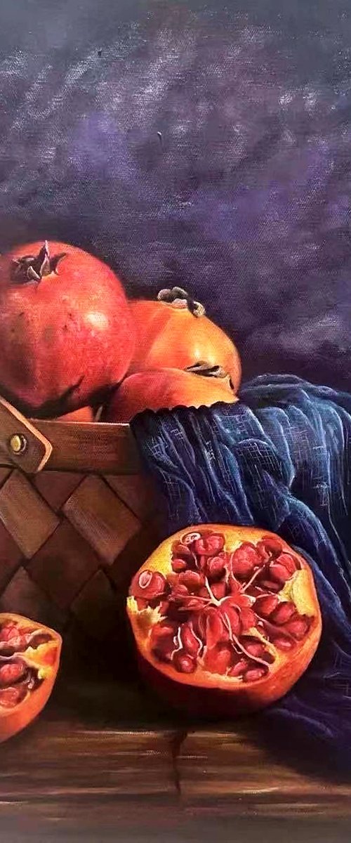 Still life:Pomegranates in the basket by Kunlong Wang