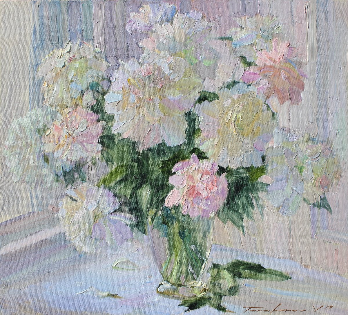 Impressionistic Botanical Oil Painting By Volodymyr Tarabanov, 22 X 20", Light Still Life, Original Artwork