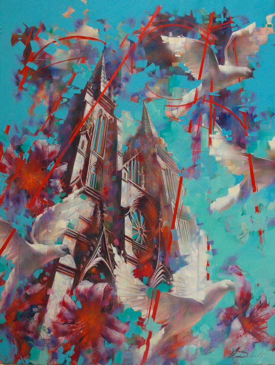 Impressionistic Cityscapes Oil Painting By Alexandr Dobrodiy, 35 X 47, Doves And Gothic, Original Artwork