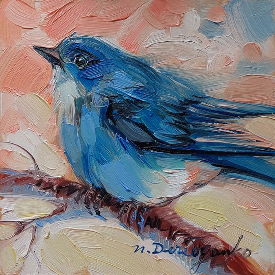 Bluebird painting original framed 10x10 cm, Bluebird art oil illustration small artwork framed, Bird lovers gift