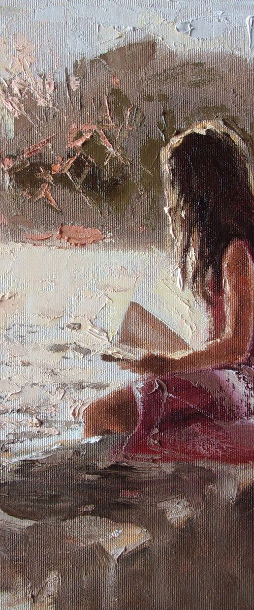 " BOOK LOVER ... II " original painting LAKE SPRING palette knife GIFT GREEN by Monika Luniak