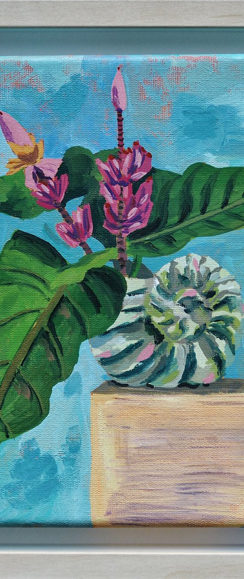 Dada Bali - still life with ammonite and banana flowers by Delnara El