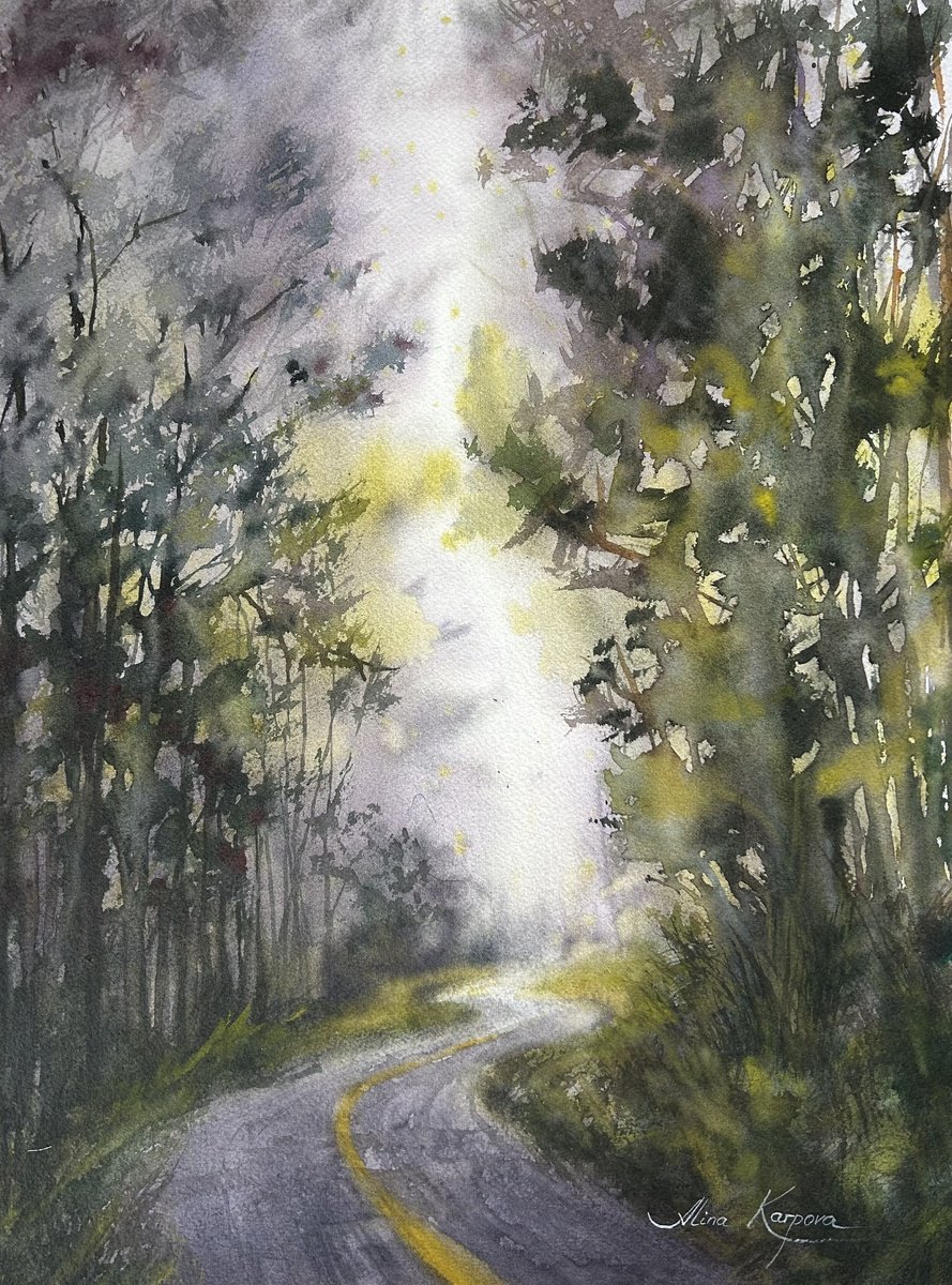 Impressionistic Landscape Watercolour By Alina Karpova, 12 X 16, Rainy Road, Original Artwork