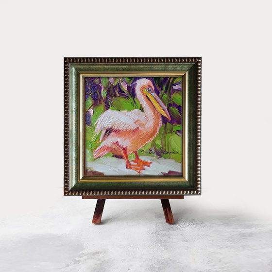 Pelican painting bird art original, Miniature painting 10x10 cm bird small frame art