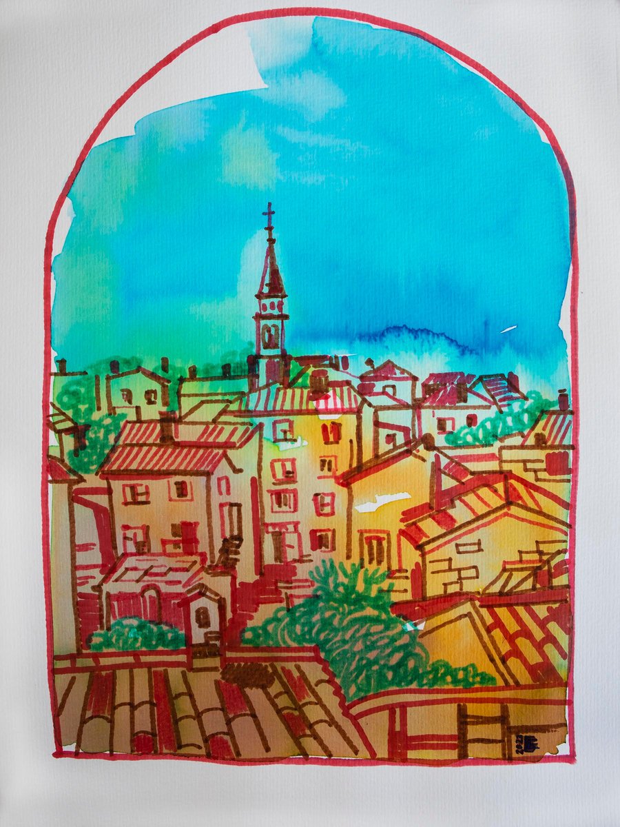 Illustrative Cityscapes Painting By Kateryna Bortsova, 9 X 13", Painting Of View On Old Town, Original Artwork