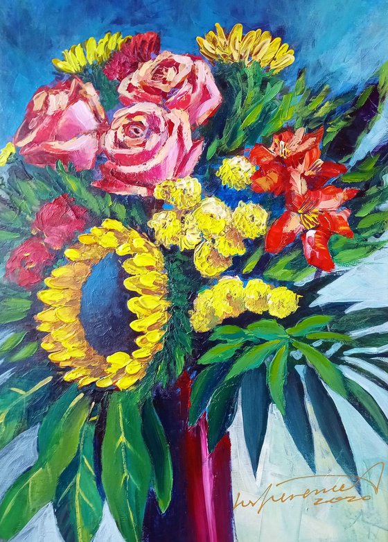 'A BUNCH WITH A SUNFLOWER' - Acrylics Painting on Canvas