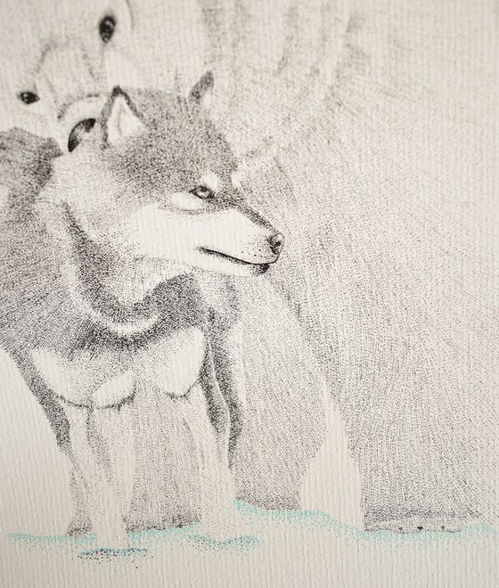 Winter - Polar bear and snow dog stippling drawing